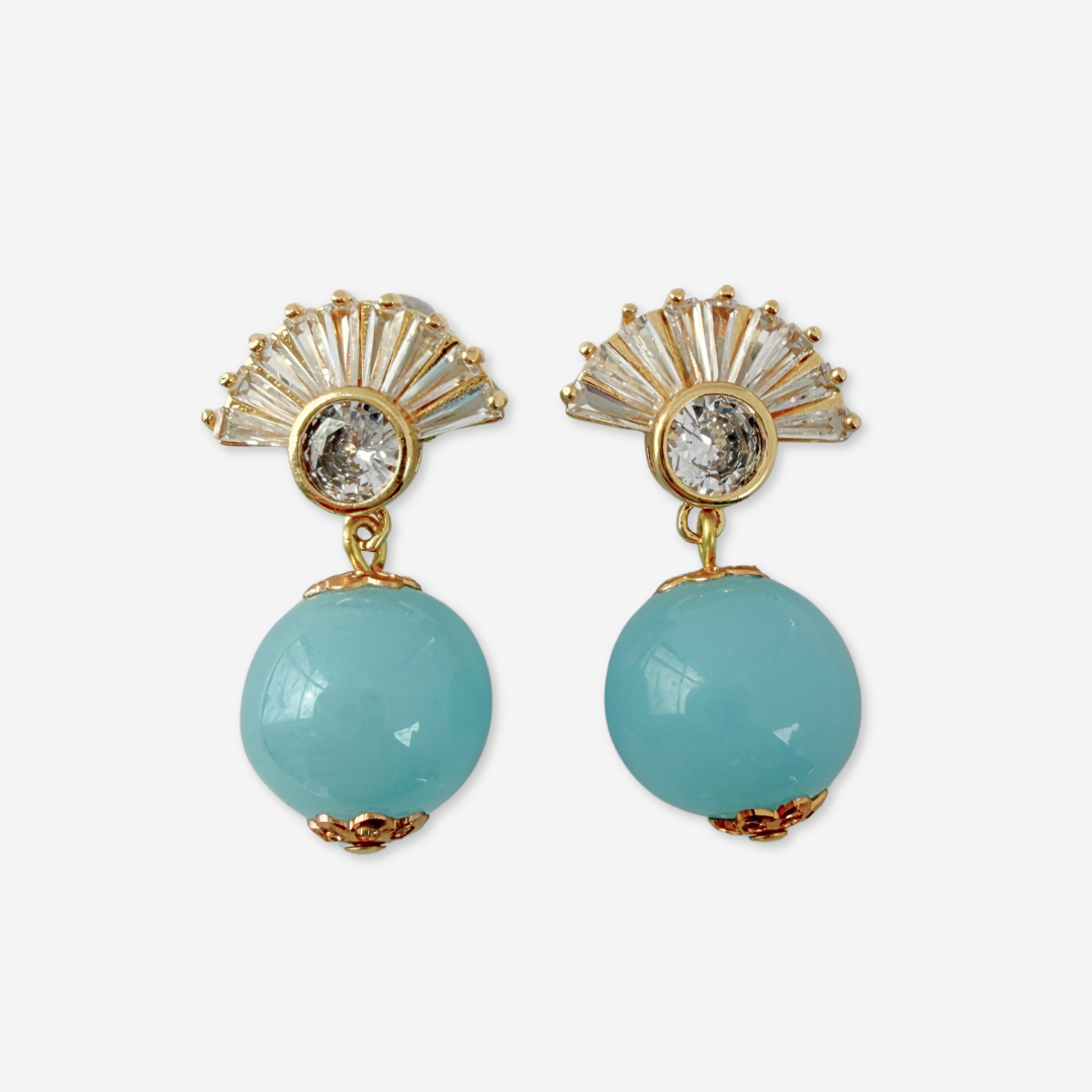 Vintage large sky blue Japanese glass bead earrings with deco fan posts