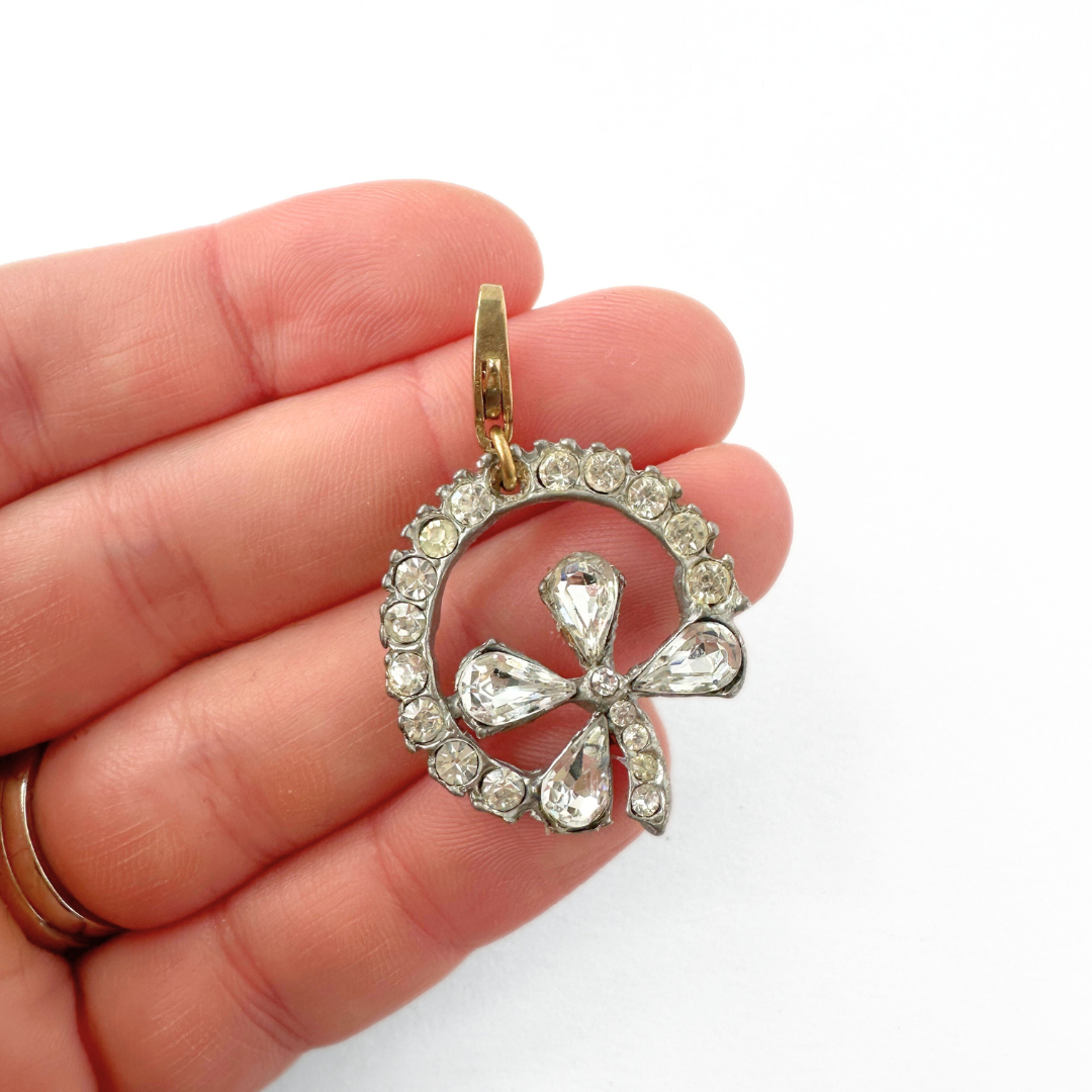 Vintage clear rhinestone four leaf clover charm