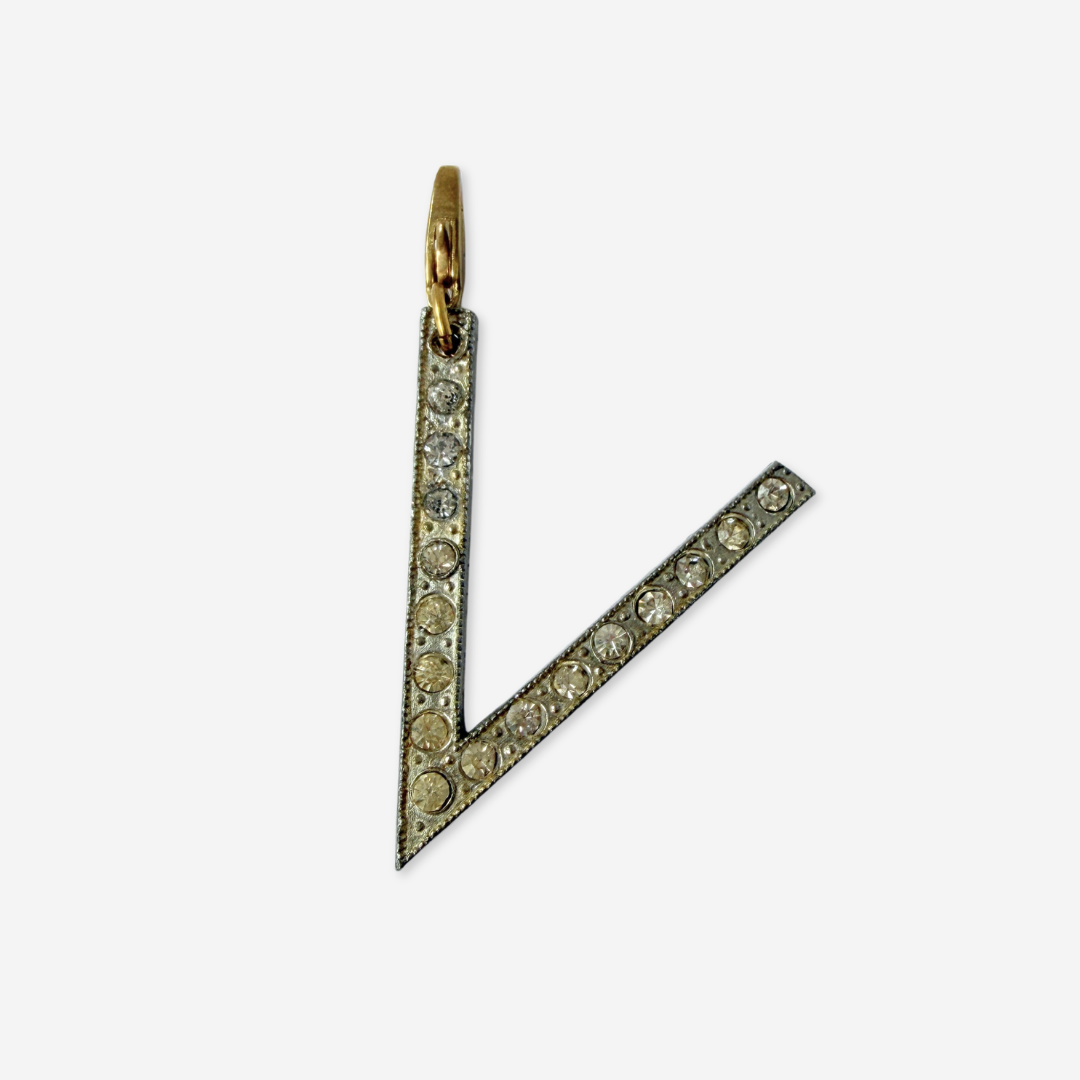 Refashioned vintage large silver rhinestone letter "V" monogram charm