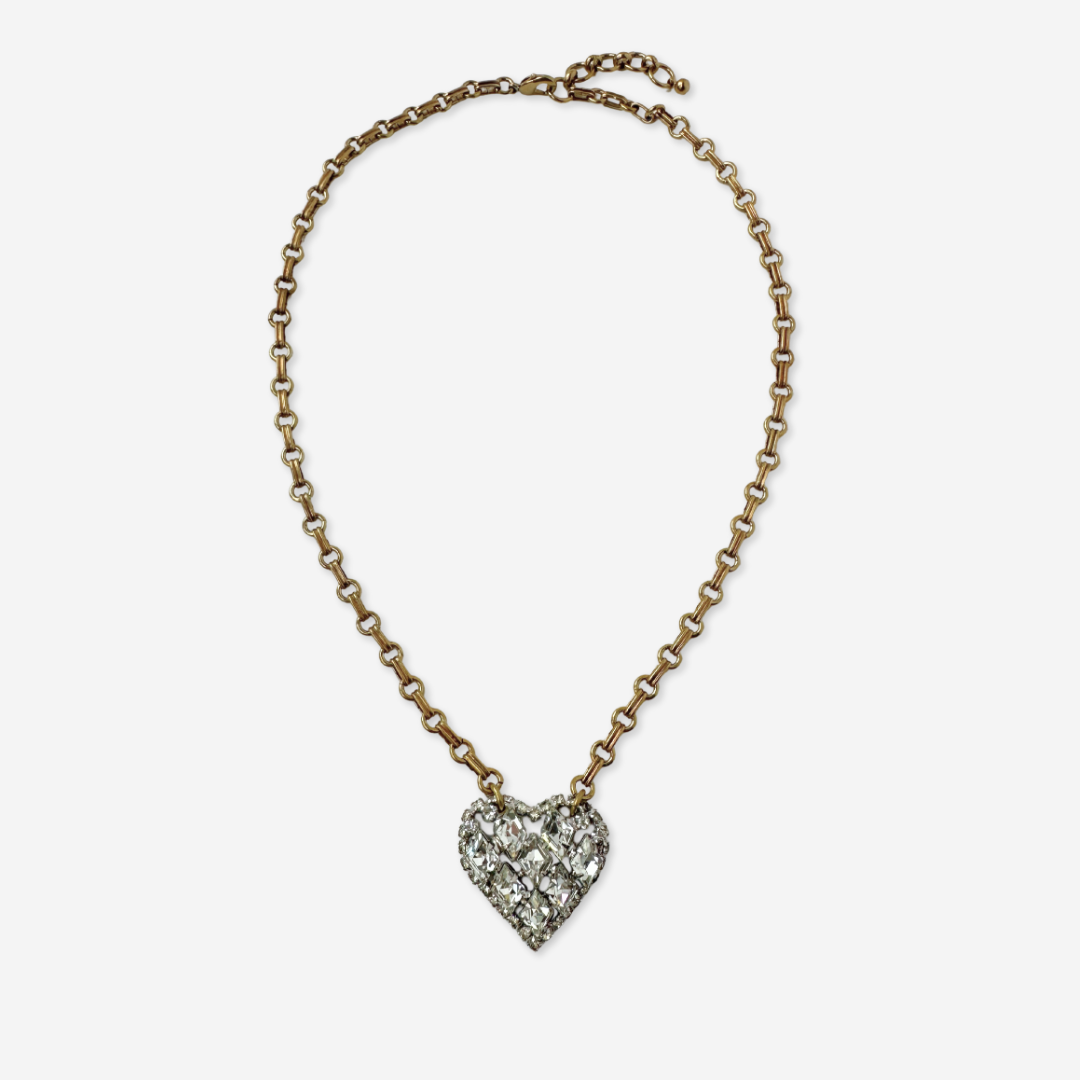 Vintage clear rhinestone heart pendant with raw brass chain