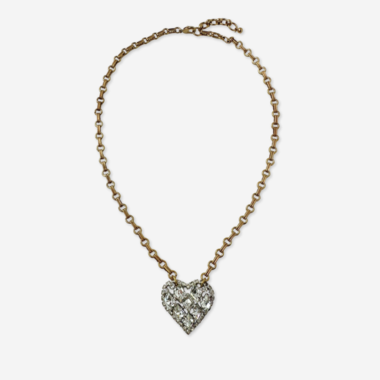 Vintage clear rhinestone heart pendant with raw brass chain