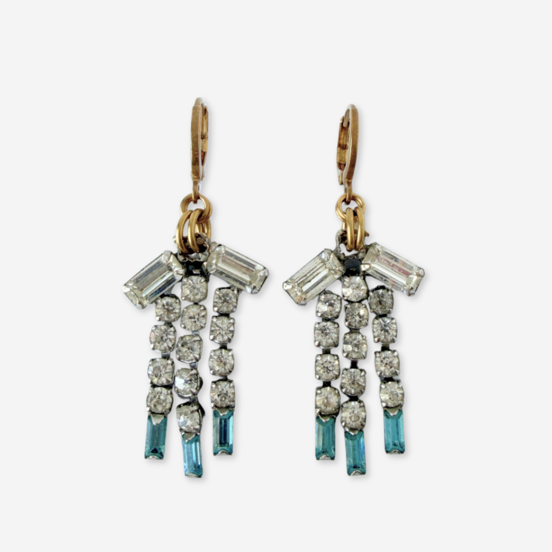 Refashioned vintage clear and blue rhinestone fringe earrings