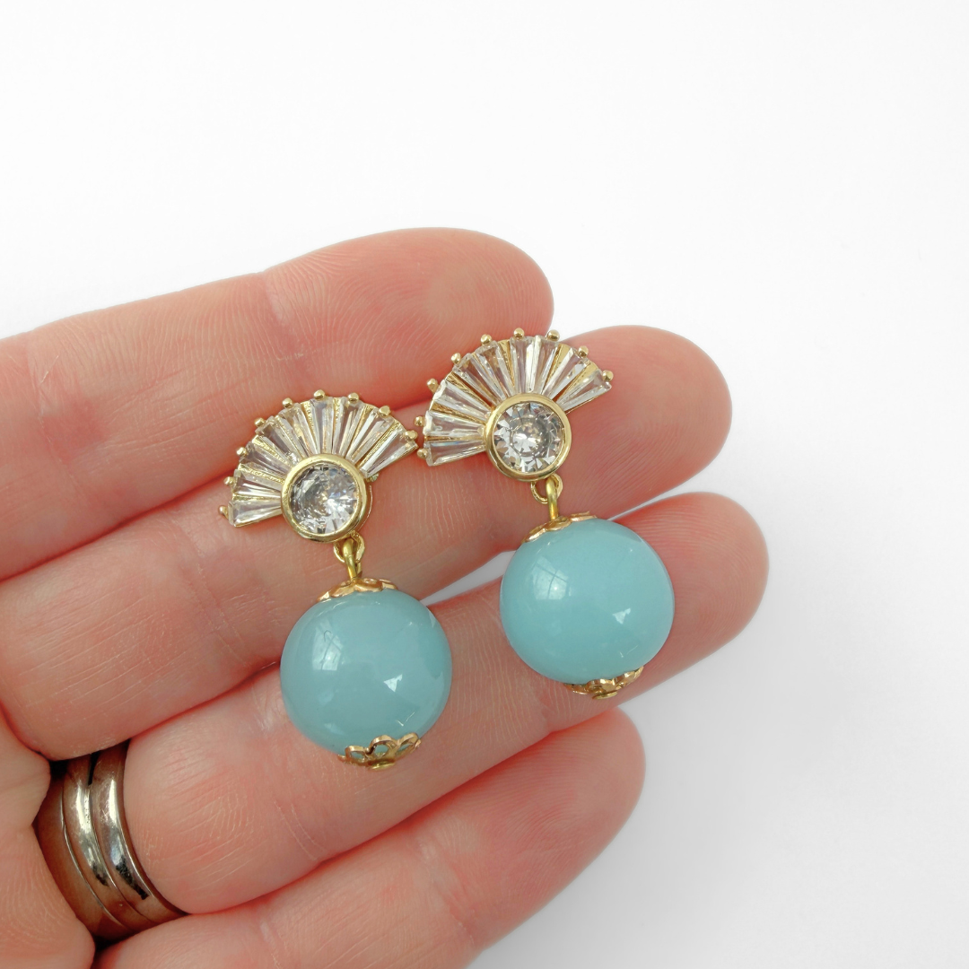 Vintage large sky blue Japanese glass bead earrings with deco fan posts
