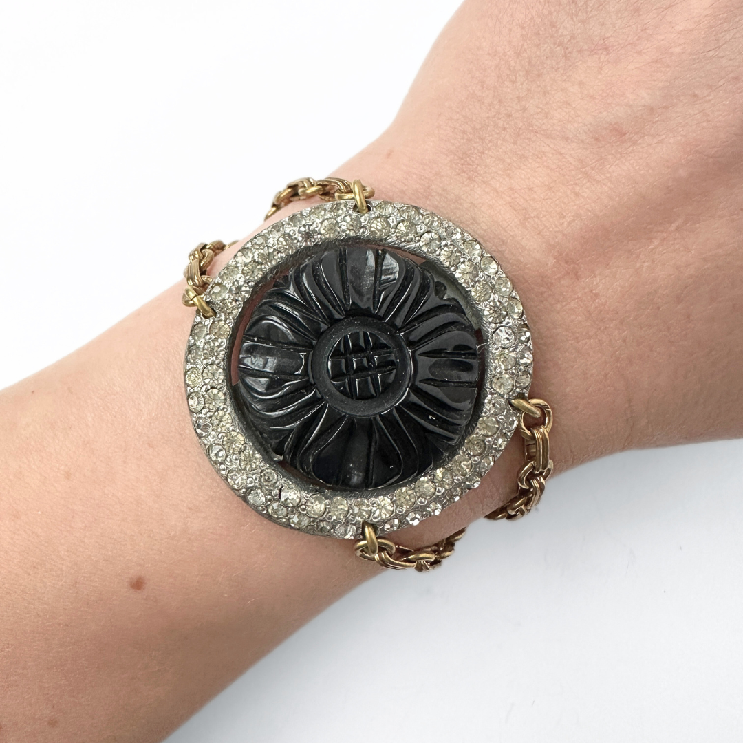 Repurposed vintage black carved bakelite and rhinestone circular bracelet