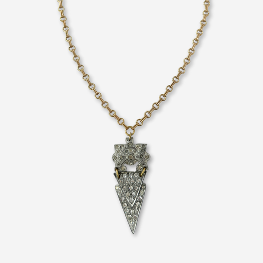 Refashioned 2-pc vintage art deco rhinestone and brass pendant assemblage necklace