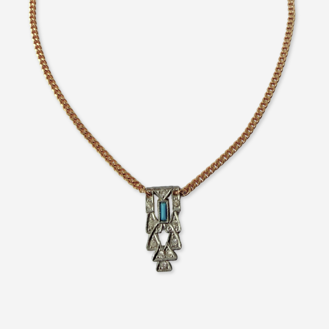 Refashioned vintage art deco turquoise and rhinestone pendant on gold chain