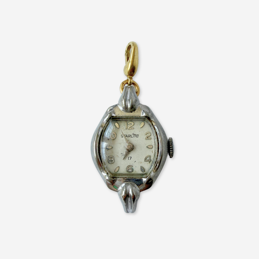 Vintage silver tone  "Starlite" watch face charm