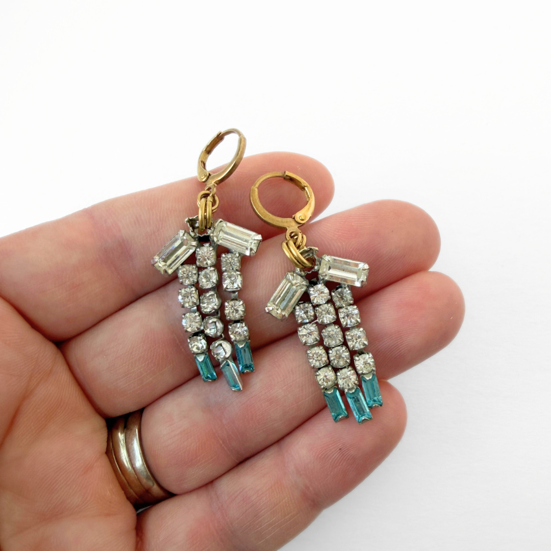 Refashioned vintage clear and blue rhinestone fringe earrings