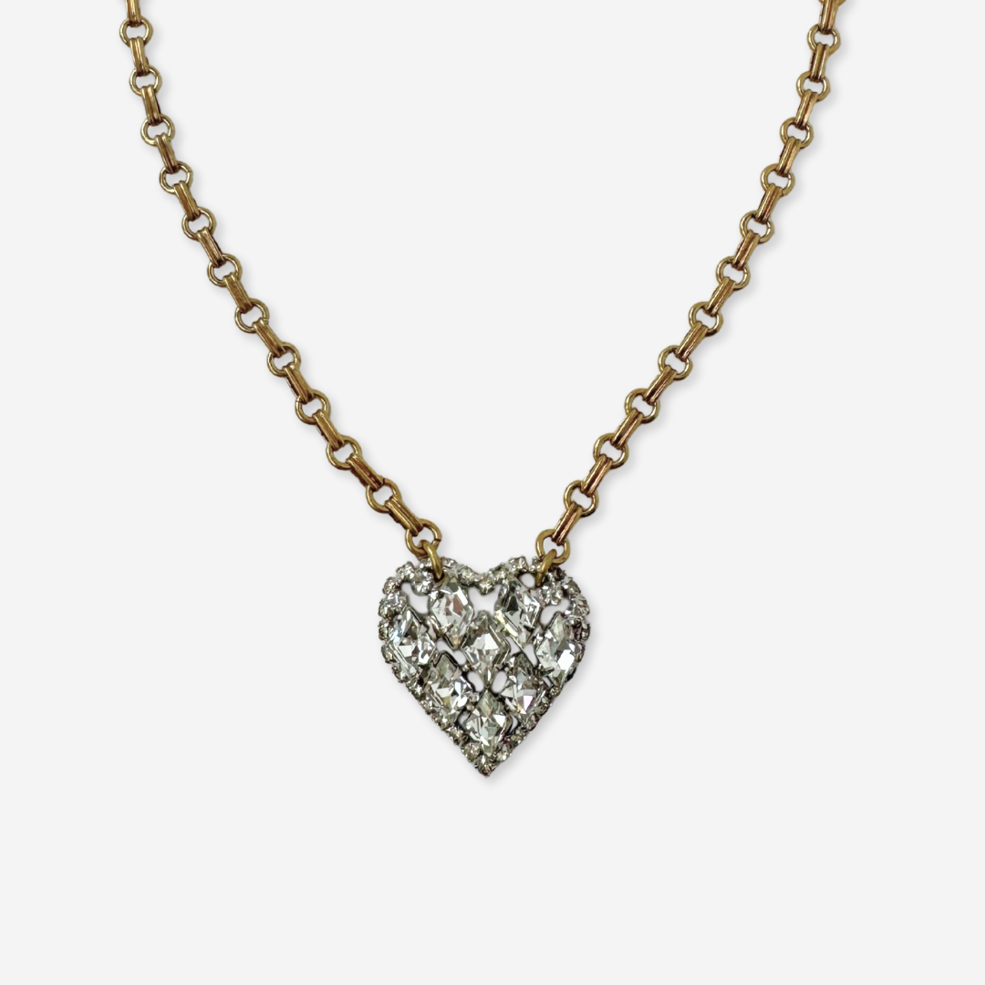 Vintage clear rhinestone heart pendant with raw brass chain
