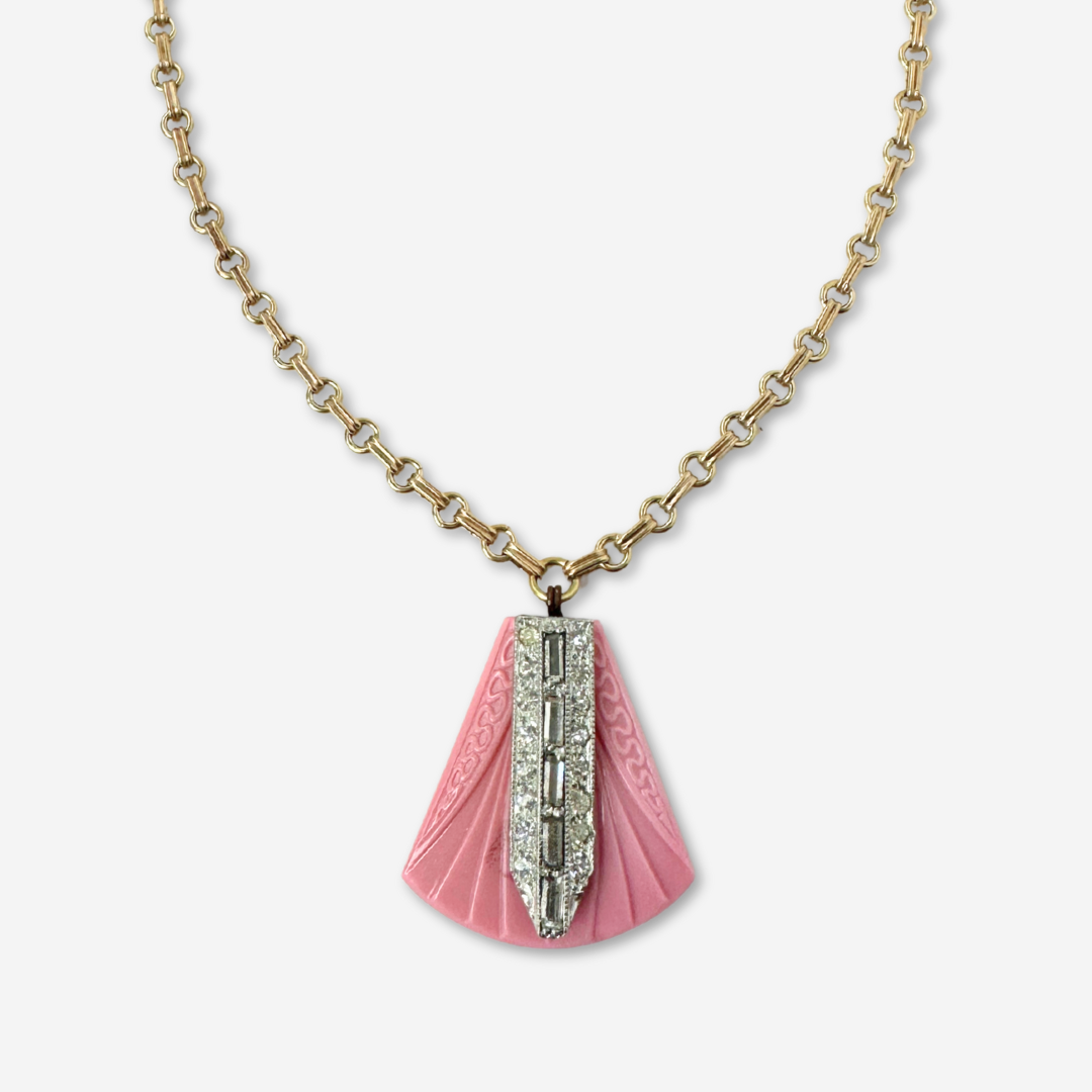 Refashioned Vintage pink Czech glass and rhinestone pendant neckace