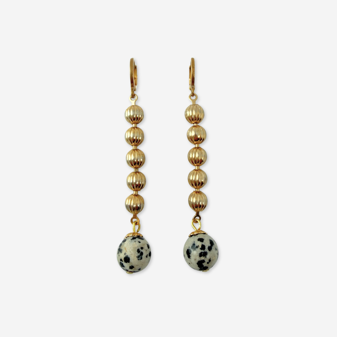 Vintage fluted brass bead and dalmatian jasper strand earrings