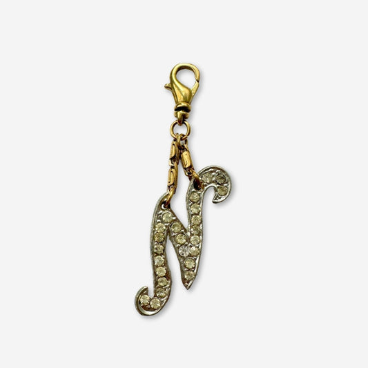 Vintage silver and clear rhinestone letter "N" charm