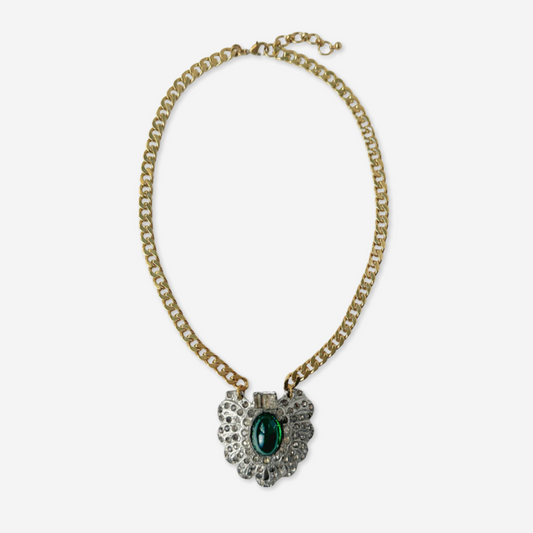 Large refashioned vintage clear and emerald rhinestone deco pendant necklace