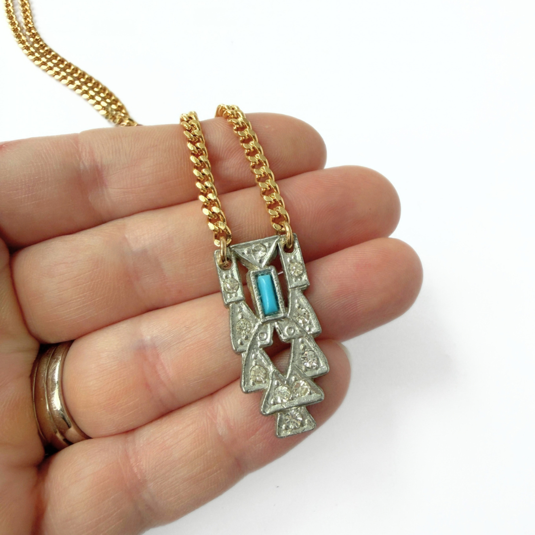 Refashioned vintage art deco turquoise and rhinestone pendant on gold chain