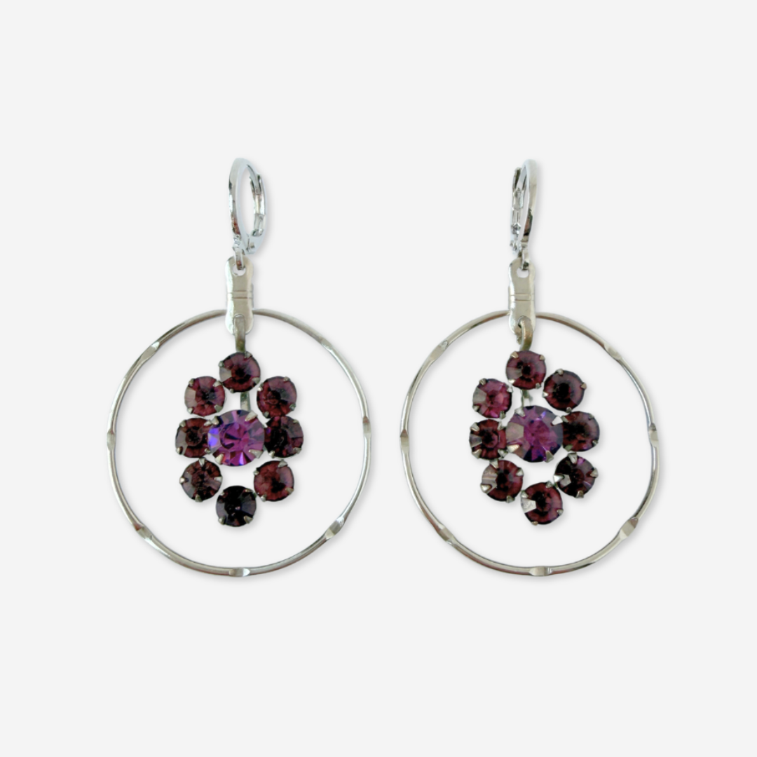 Silver plated hoop earrings with vintage purple rhinestone center drops