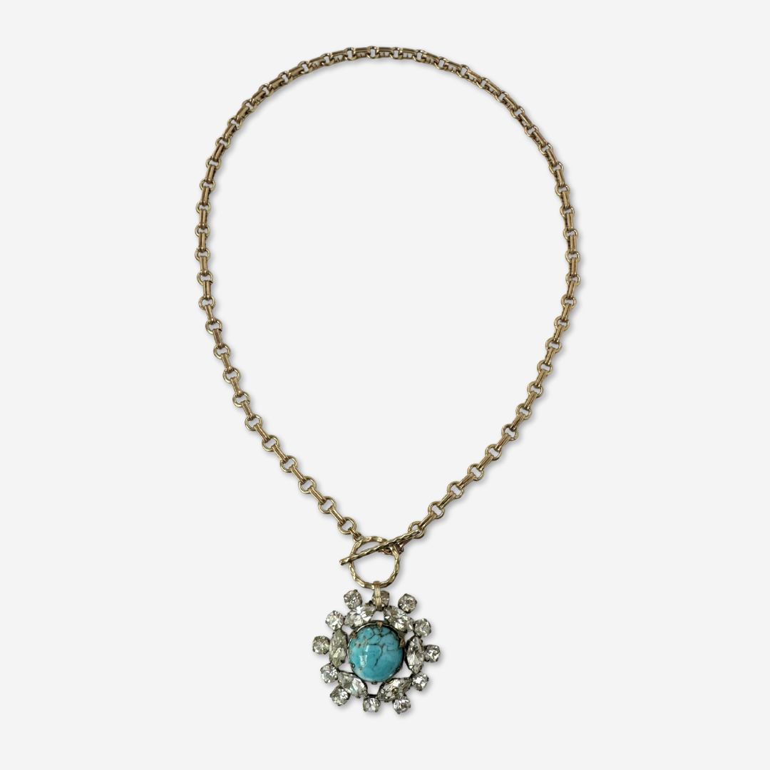 Rerfashioned vintage turquoise and clear rhinestone pendant with brass chain