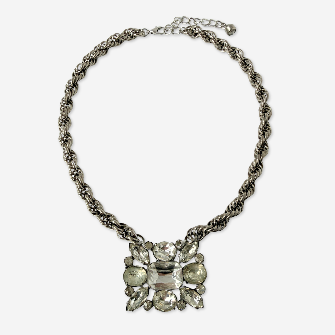 Large refashioned vintage clear rhinestone silver pendant necklace