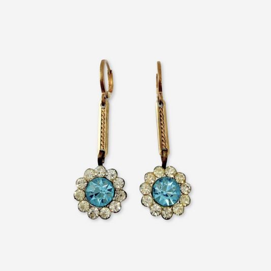 Refashioned vintage blue topaz rhinestone drops with gold bar links