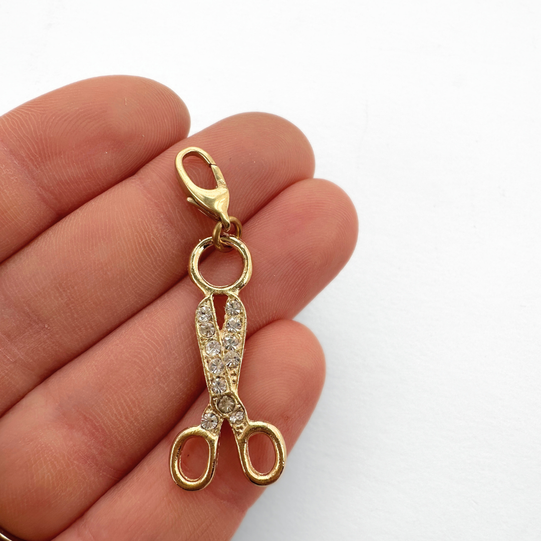 Vintage gold plated and clear rhinestone scissors charm