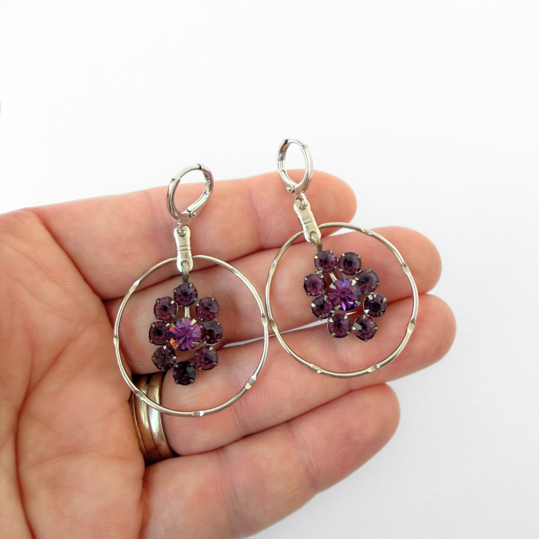 Silver plated hoop earrings with vintage purple rhinestone center drops