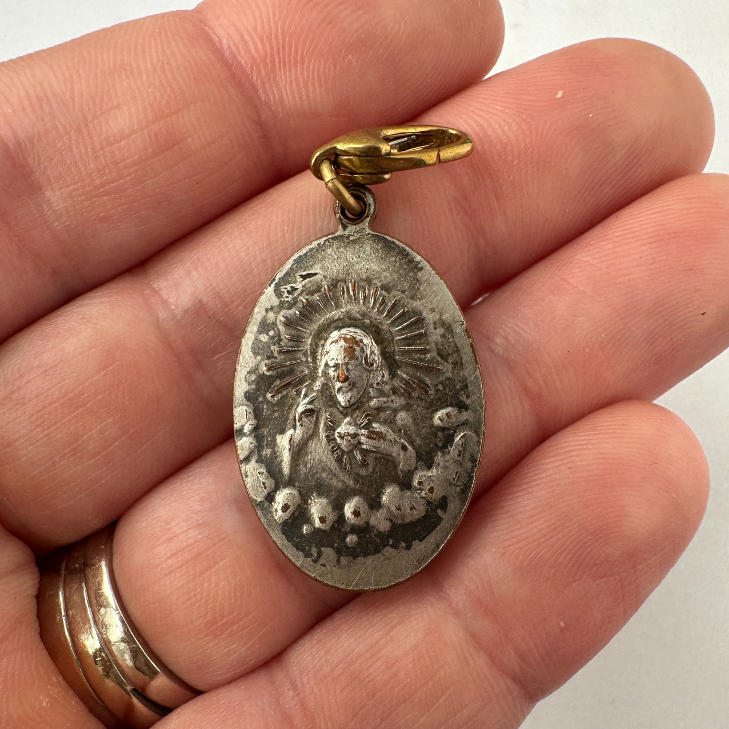 Vintage aged silver tone  St. Jude charm with brass clasp