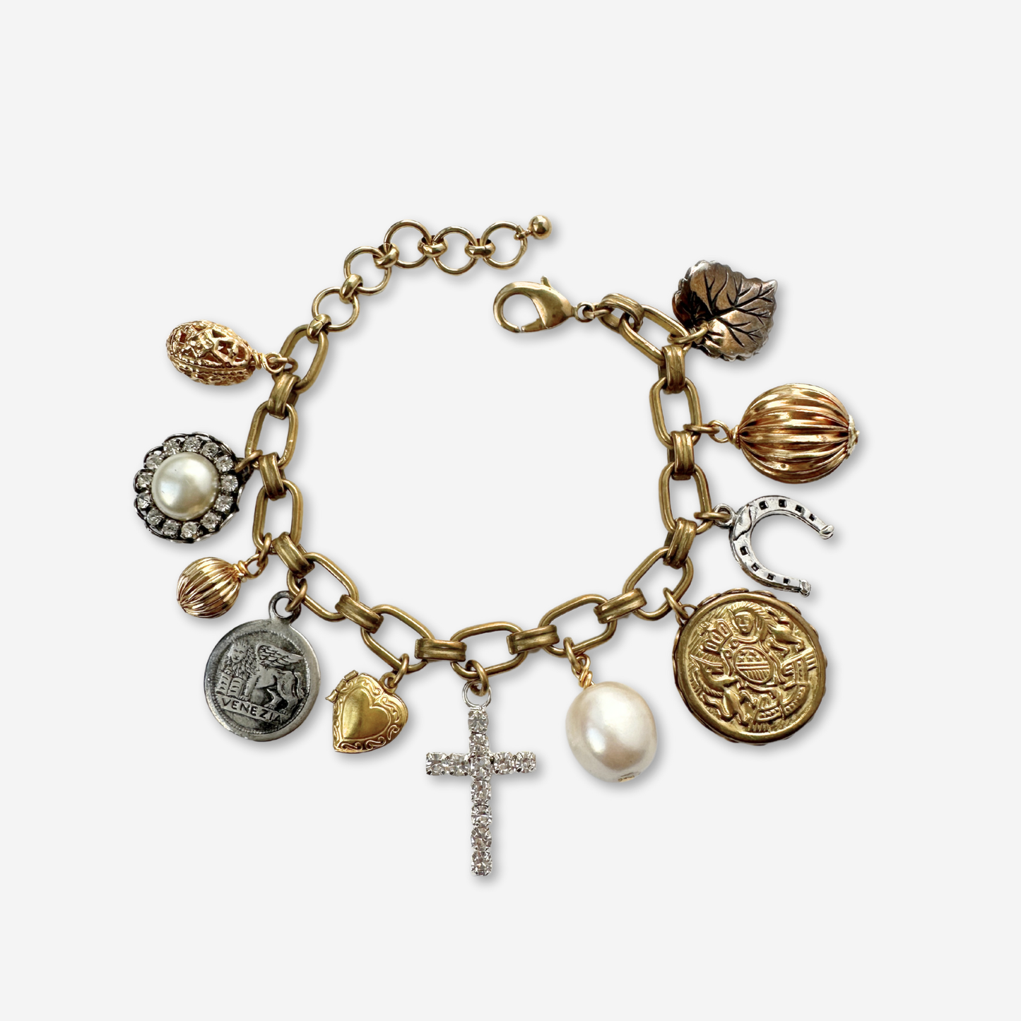 Repurposed vintage silver and brass charm bracelet