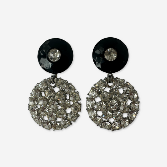 Refashioned clear rhinestone and black oversized button earrings