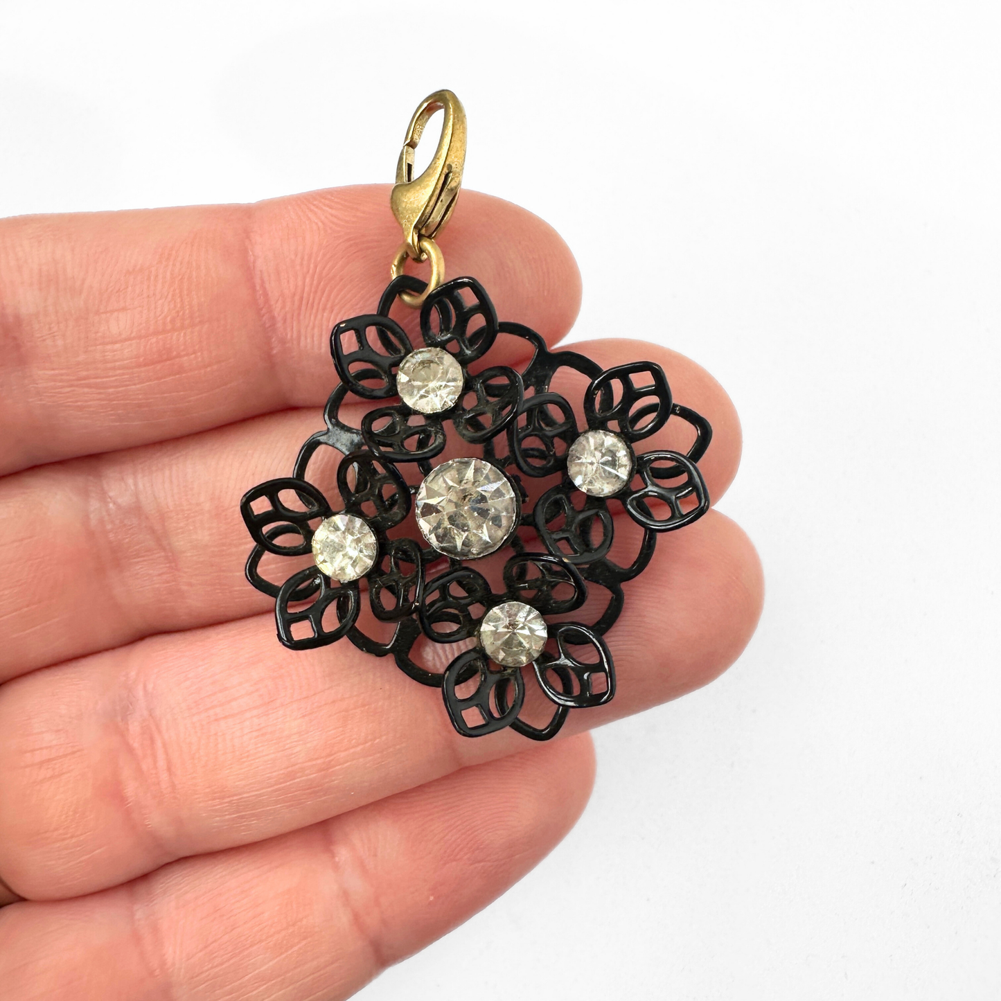 Vintage black enamel and rhinestone open flower cluster charm