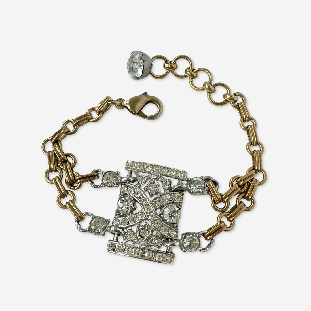 Refashioned vintage clear rhinestone link bracelet with brass chain