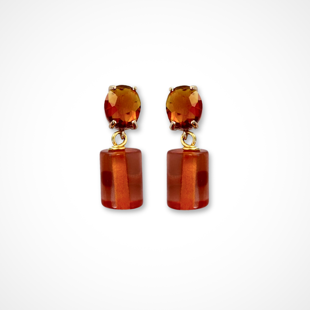 Refashioned cognac cylinder beaded earrings with topaz crystal post