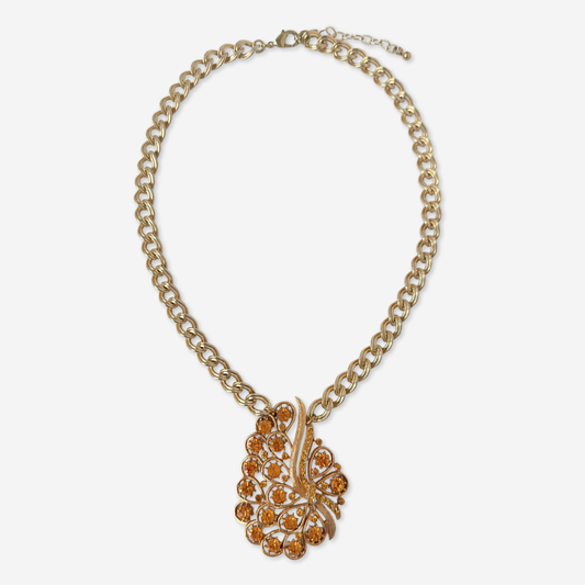 Refashioned Vintage large orange topaz rhinestone pendant necklace