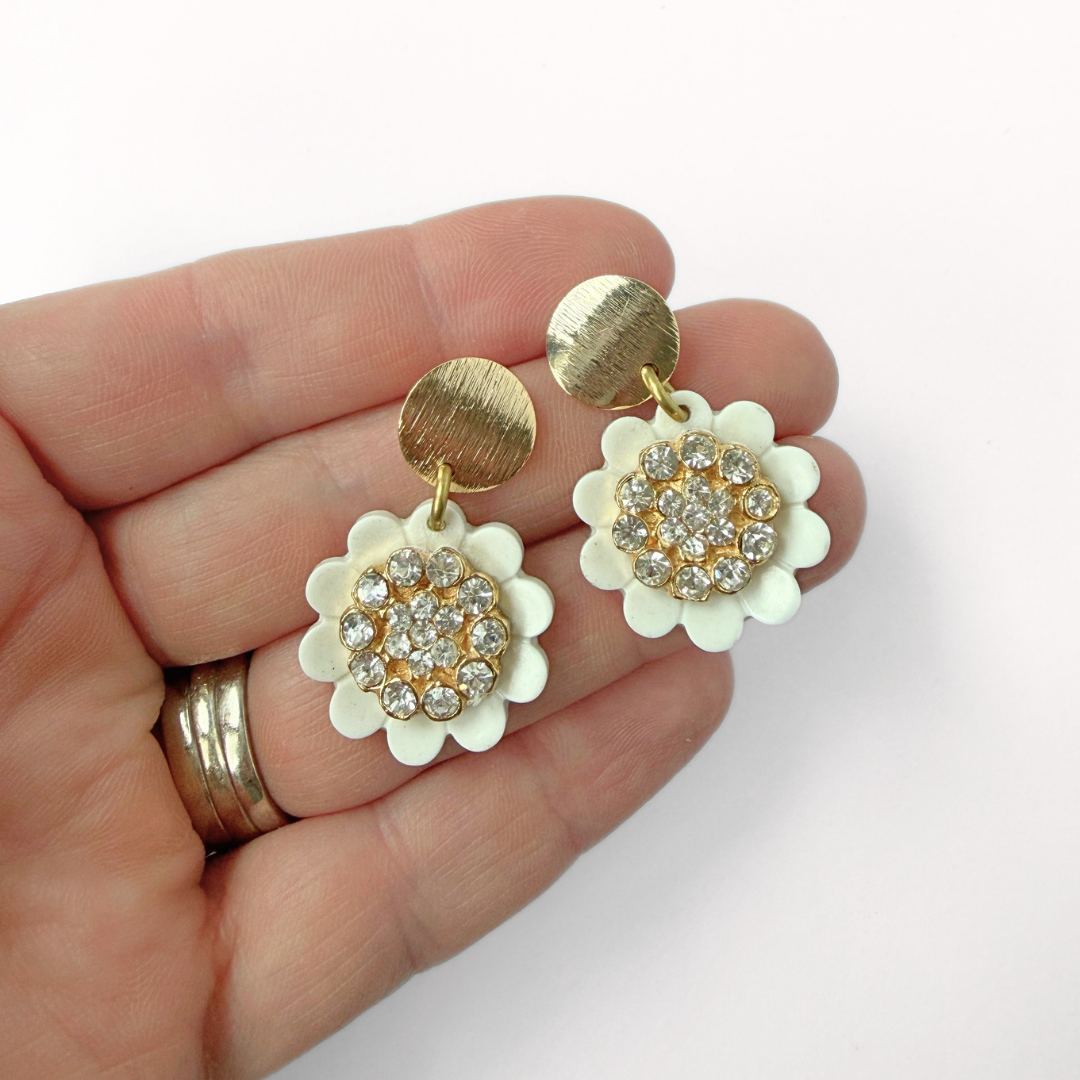 Refashioned vintage layered white flower and rhinestone button earrings