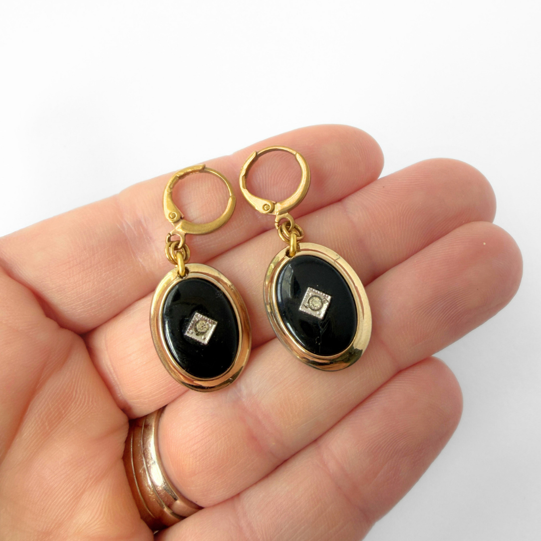 Refashioned Vintage black oval deco earrings