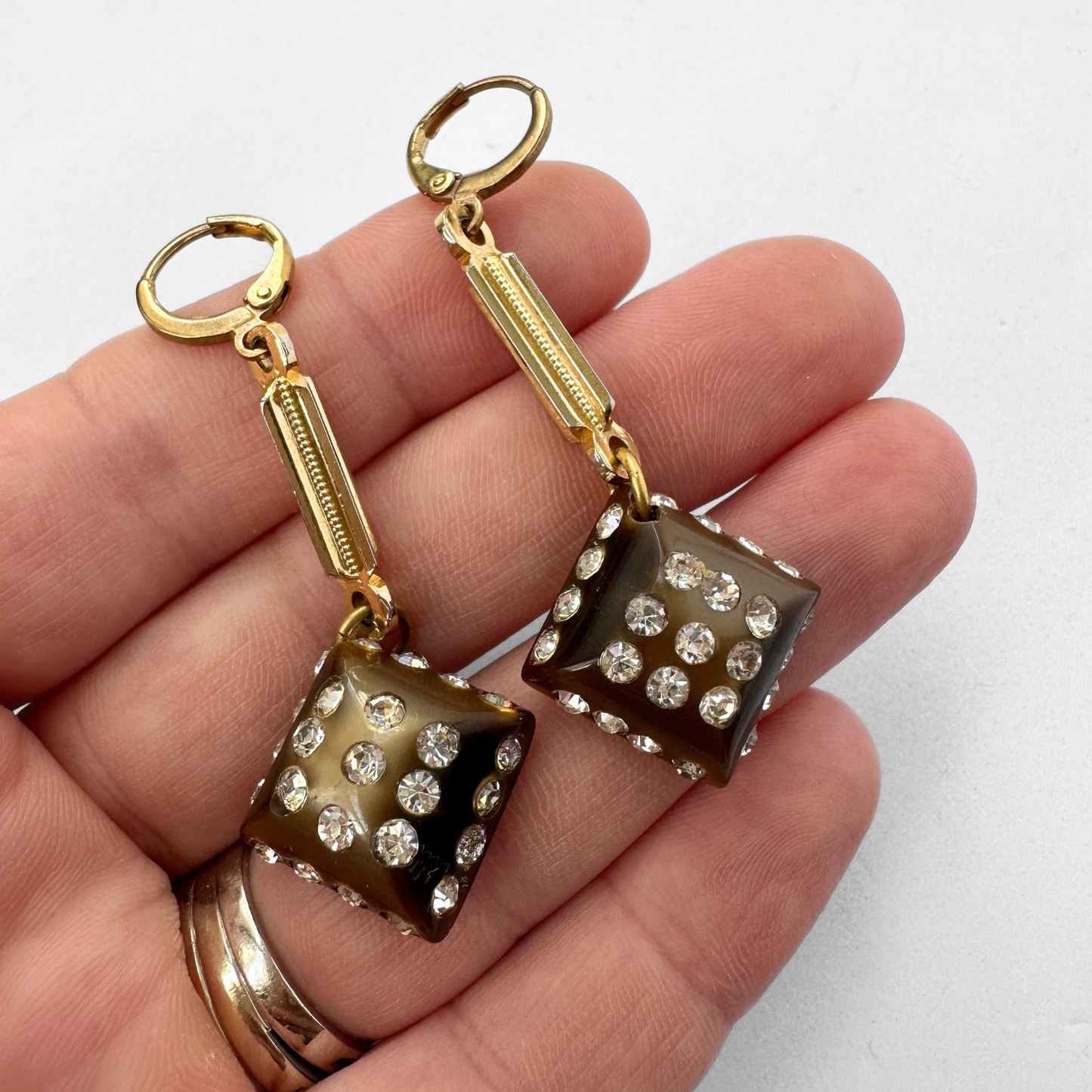 Refashioned long vintage brown rhinestone button earrings