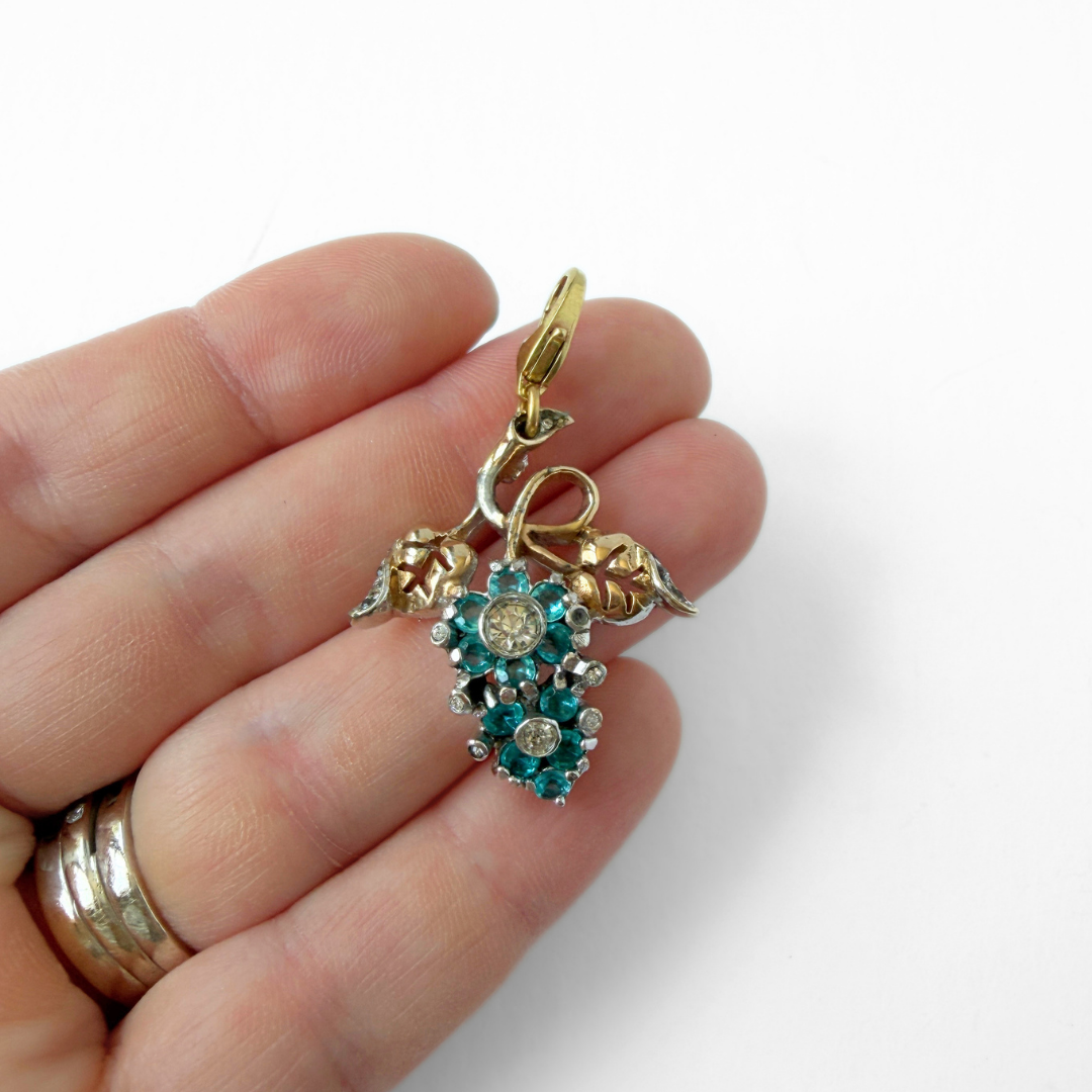 Vintage aqua blue rhinestone floral charm