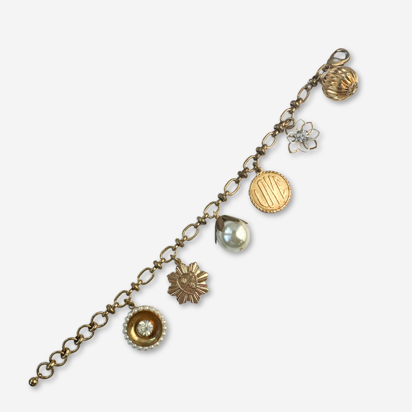 Repurposed vintage pearl and brass larger charm bracelet