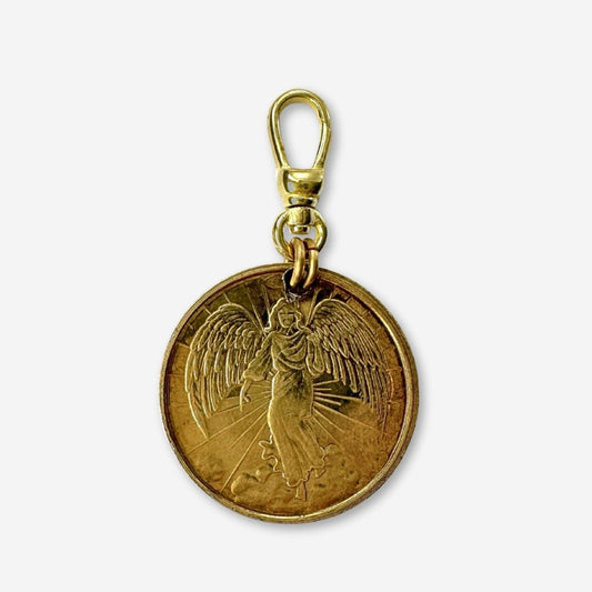 Vintage gold tone guardian angel coin charm with swivel clasp