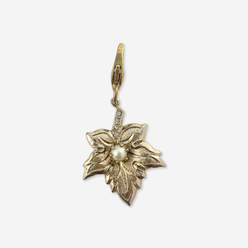 Vintage muted gold maple leaf charm with pearl center