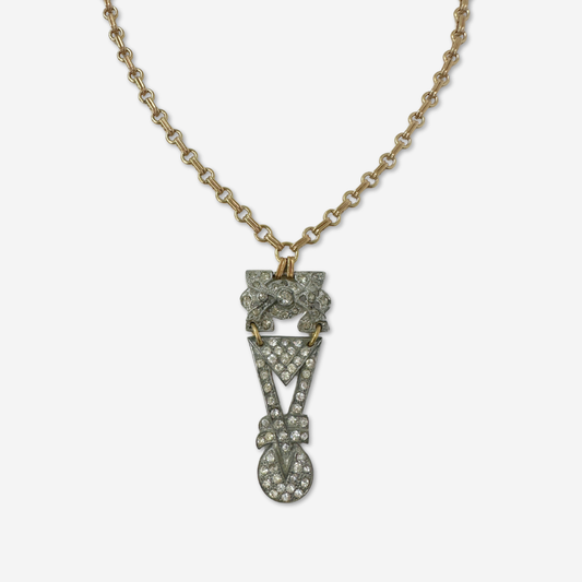Refashioned 2-pc vintage art deco rhinestone and brass pendant assemblage necklace