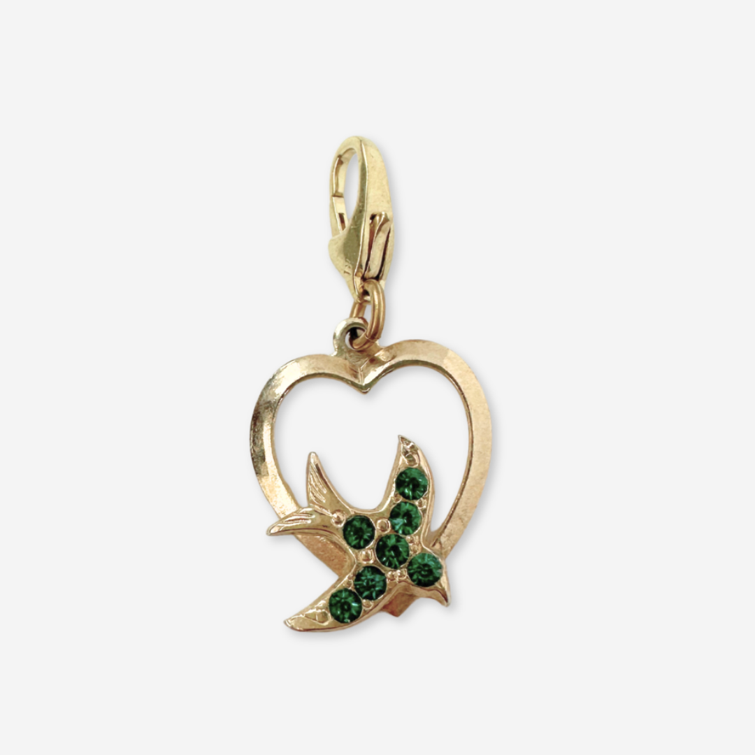 Vintage small gold heart charm with green rhinestone bird