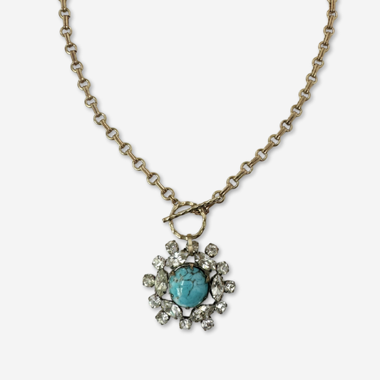Rerfashioned vintage turquoise and clear rhinestone pendant with brass chain