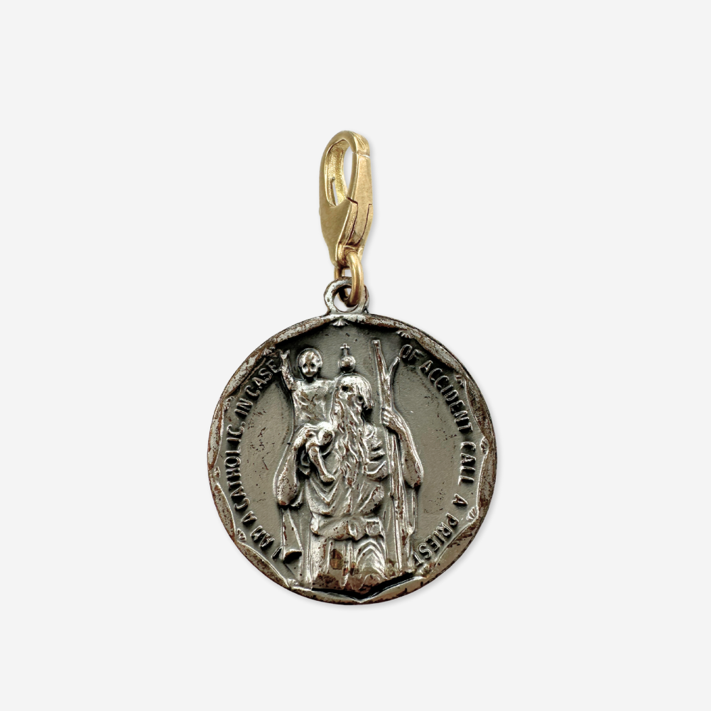 Vintage aged silver Saint Anthony/ Christopher circular charm pendant