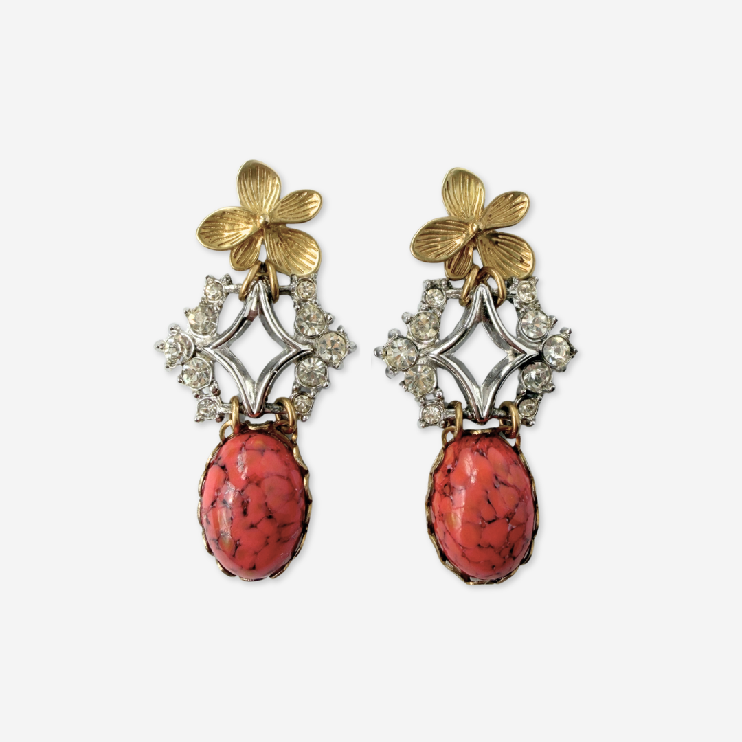 Refashioned vintage rhinestone, coral glass, and brass flower earrings