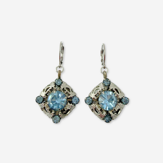 Refashioned vintage silver filigree and ice blue rhinestone earrings