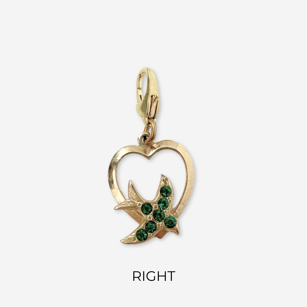 Vintage small gold heart charm with green rhinestone bird