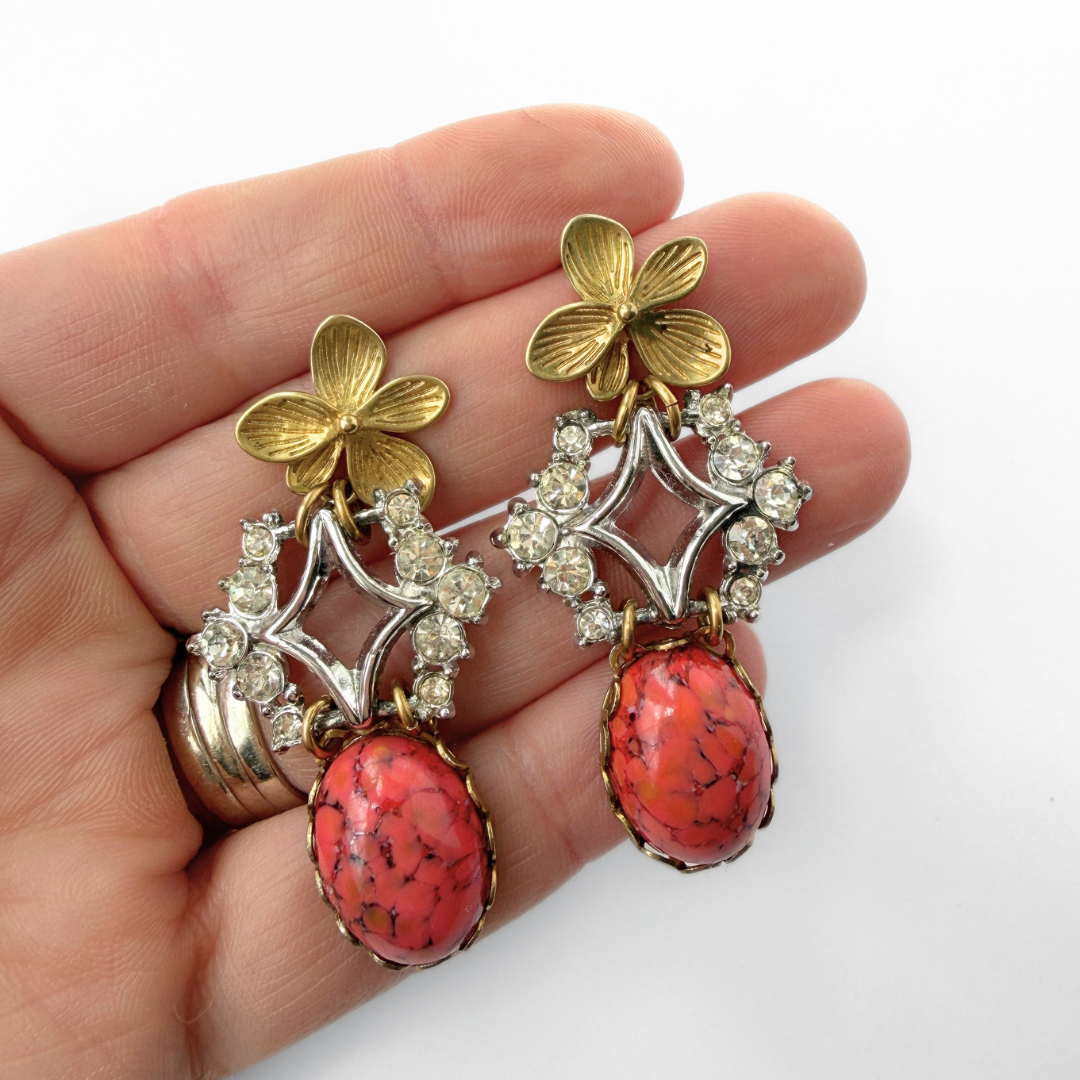 Refashioned vintage rhinestone, coral glass, and brass flower earrings