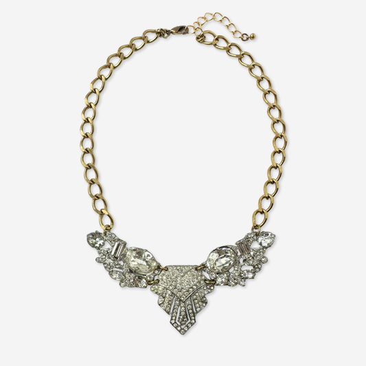 Refashioned vintage clear rhinestone and brass assemblage statement necklace