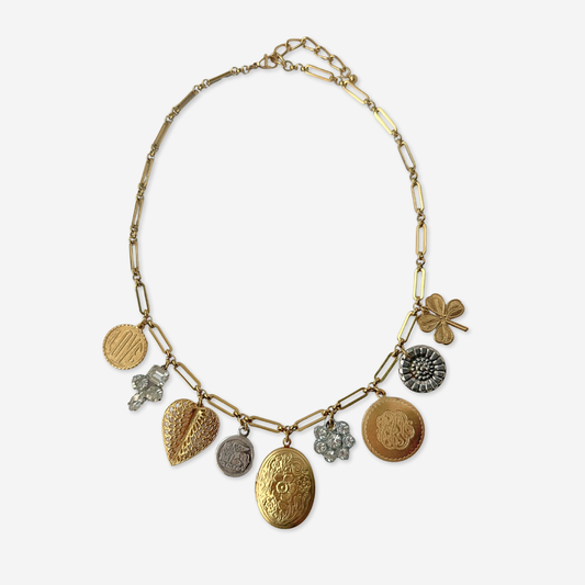 Gold locket and rhinestone repurposed vintage charm necklace
