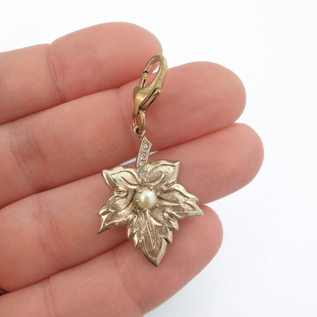 Vintage muted gold maple leaf charm with pearl center