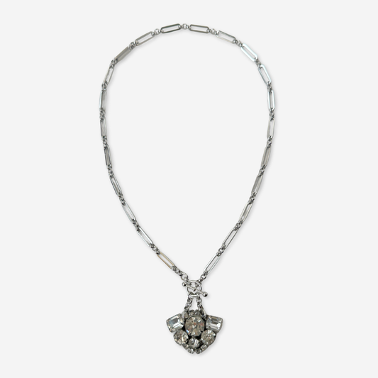 Vintage clear rhinestone pendant with silver plated oval link chain